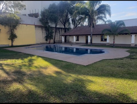 Courtyard with empty rectangular swimming pool, surrounding concrete deck, green lawn, palm and shade trees, yellow and white buildings