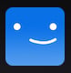 Blue rounded square icon with a simple smiling face featuring two white dots for eyes and a curved line for a smile